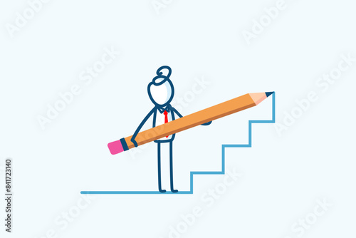 businessman stick figure character uses a large pencil to draw stairs. Business development strategies career path to achieve goals. hand drawn style vector doodle illustration