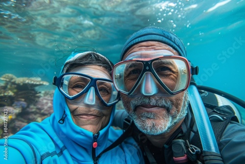 Wallpaper Mural Portrait of a content latino couple in their 60s wearing a windproof softshell isolated on vibrant coral reef Torontodigital.ca