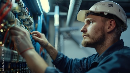 focused electrical technician professional working on switchboard with fuses in workshop industry