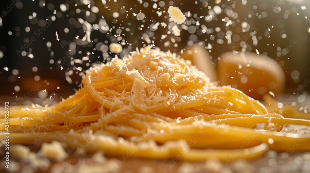 Closeup of pasta swirling with grated cheese falling cheesy and delicious ethereal Multilayer Romantic candlelit setting superrealistic photography Closeup of pasta swirling with grated cheese falling cheesy and delicious ethereal Multilayer Romantic candlelit setting superrealistic photography