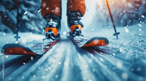 Focus on ski boots in motion on a downhill slope speed and agility vibrant Double exposure Scenic mountain backdrop photographic style photo