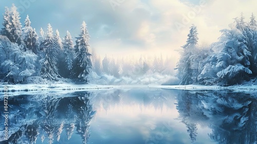 frosty serenity winters embrace on a tranquil lake amidst snowcloaked coniferous forests ai landscape photo