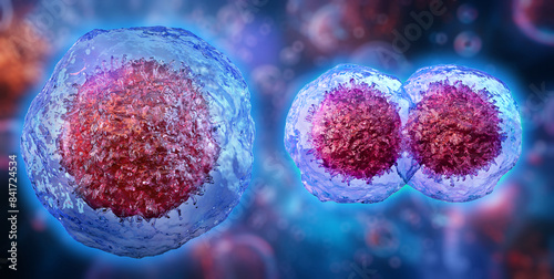 Human cell division, DNA chromosome separation, phases of mitosis. Cell membrane pinches, signaling cytokinesis, forms two daughter cells. Biology genetic science, medicine research, biotechnology 3D photo
