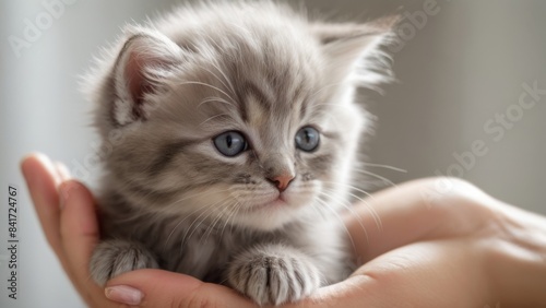  A Close-up of a Fluffy Gray Kitten with Blue Eyes in Human Hands