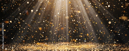 Golden confetti falling against a black backdrop illuminated by spotlights