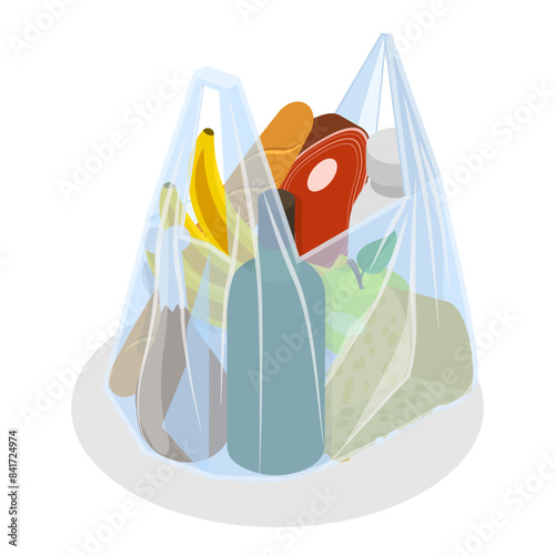 3D Isometric Flat Illustration of Shopping Bags, Different Grocery Sets. Item 2
