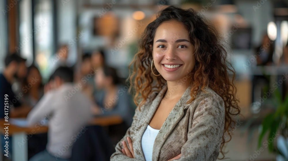 Portrait Happy business woman with group of business people working behind her in office. Teamwork and planning business idea. Portrait Happy business woman with group of business people working behind her in office. Teamwork and planning business idea.