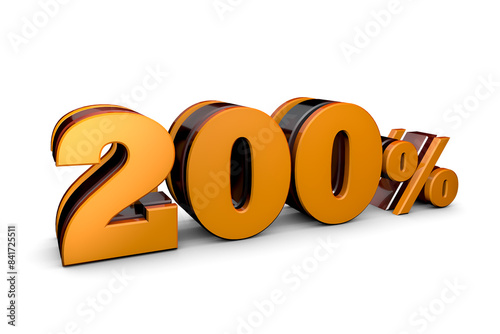 200% Glossy Golden percent sign isolated on white Percentage, sale, discount concept 3d rendering