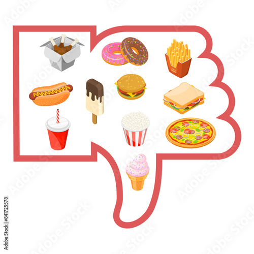3D Isometric Flat Illustration of Healthy Vs Junk Food, Fastfood and Balanced Menu Comparison. Item 2