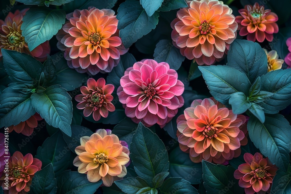Vibrant close-up of pink and orange dahlia flowers with lush green leaves, creating a stunning and colorful floral arrangement. Vibrant close-up of pink and orange dahlia flowers with lush green leaves, creating a stunning and colorful floral arrangement.