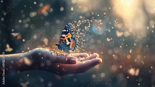 A hand holding a butterfly with a lot of snowflakes around it