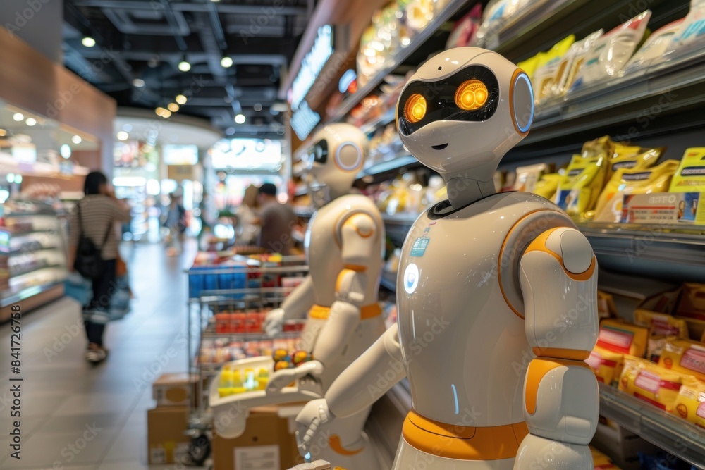 Robots assisting customers in a supermarket, showcasing automation in retail with futuristic design. Robots assisting customers in a supermarket, showcasing automation in retail with futuristic design.