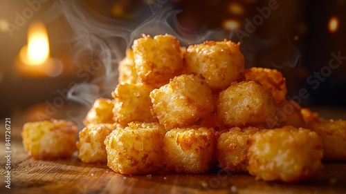Golden fried potato cubes served hot and fresh on a wooden table photo