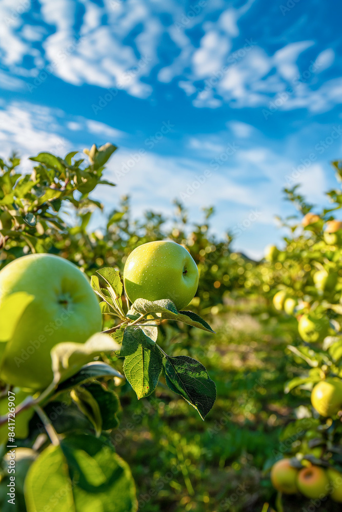 A field of green apples with a clear blue sky in the background A field of green apples with a clear blue sky in the background