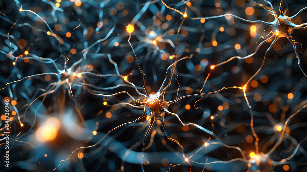 Abstract neural network connections, with glowing synapses representing brain activity and artificial intelligence in a digital interface. Abstract neural network connections, with glowing synapses representing brain activity and artificial intelligence in a digital interface.