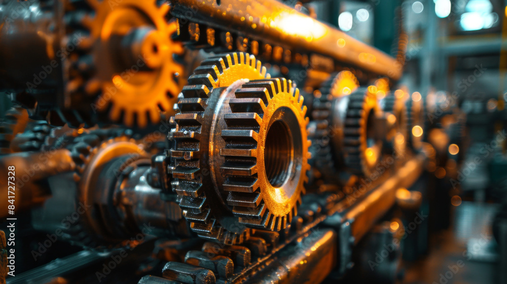 Detailed view of gear mechanism in an industrial machine, emphasizing mechanical engineering and machinery. Detailed view of gear mechanism in an industrial machine, emphasizing mechanical engineering and machinery.