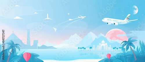 A blue sky with mountains and a plane flying in the background