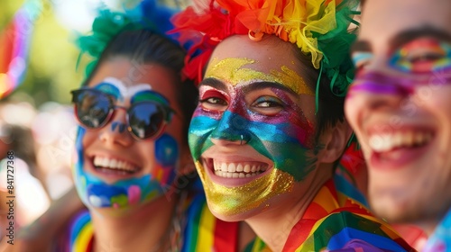 A close-up of an LGBTQ+ family with their faces painted in rainbow colors, celebrating Pride with enthusiasm and pride