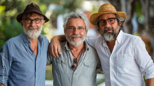 Three Senior Men Smiling and Posing Together Outdoors