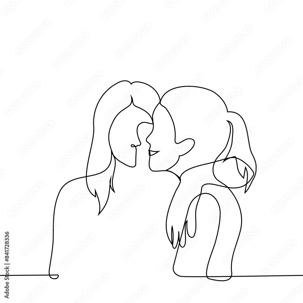 woman hugging smiling woman - one line art vector. concept two women in happy relationship, same sex friends or sisters hug woman hugging smiling woman - one line art vector. concept two women in happy relationship, same sex friends or sisters hug