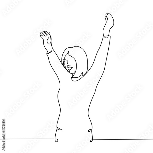 excited woman smiling happily raising both hands up - one line art vector. concept woman glad, happy, positively excited