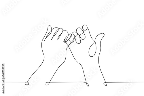 two human hands from different people intertwined little fingers - one line art vector. concept make up after a quarrel, friendship, deal