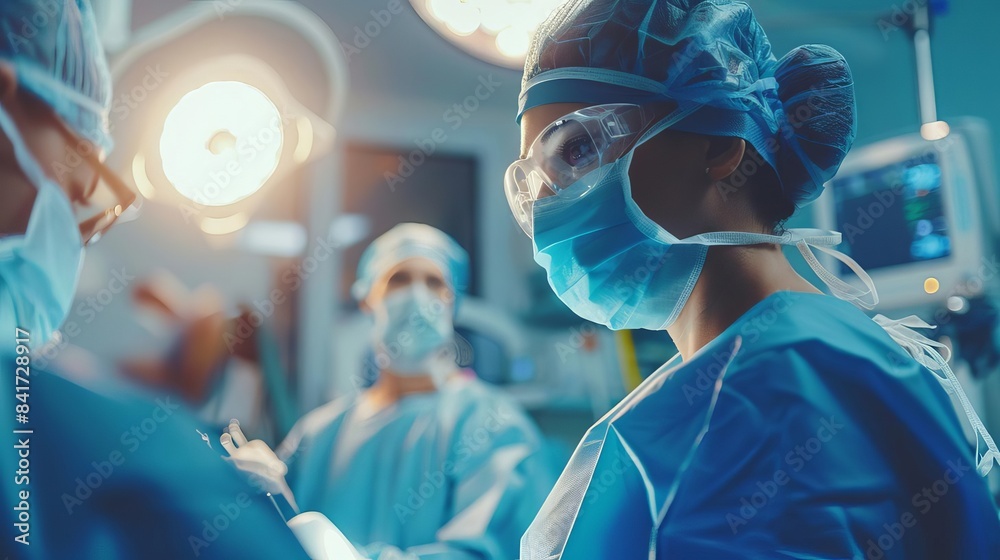 A patient undergoing a medical procedure with a female doctor in a state-of-the-art operating room, with a backdrop of advanced surgical equipment, A patient undergoing a medical procedure with a female doctor in a state-of-the-art operating room, with a backdrop of advanced surgical equipment,
