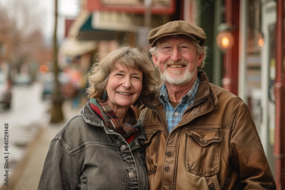 Portrait of a merry couple in their 60s sporting a classic leather jacket isolated in charming small town main street Portrait of a merry couple in their 60s sporting a classic leather jacket isolated in charming small town main street