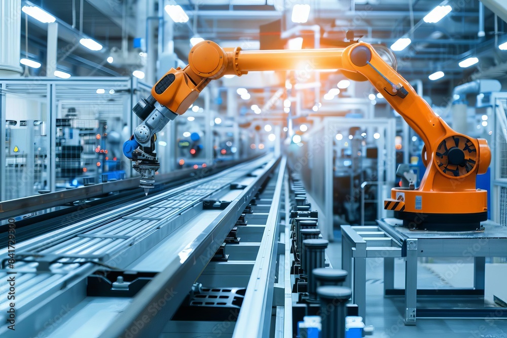 Automation seamlessly integrated into a bustling factory setting, Automation seamlessly integrated into a bustling factory setting,