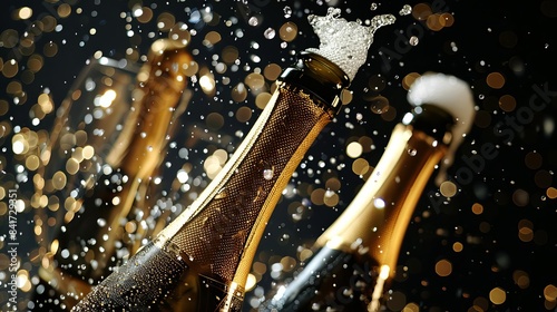 Celebration vibes with popping champagne bottles and clinking glasses