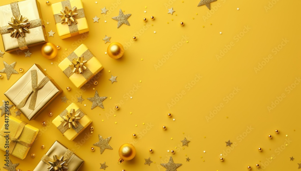 Fototapeta premium A festive yellow background is decorated with shiny golden gifts, stars, and ornaments, perfect for Christmas and New Year celebrations. Ideal for holiday decorations with elements of joy and luxury