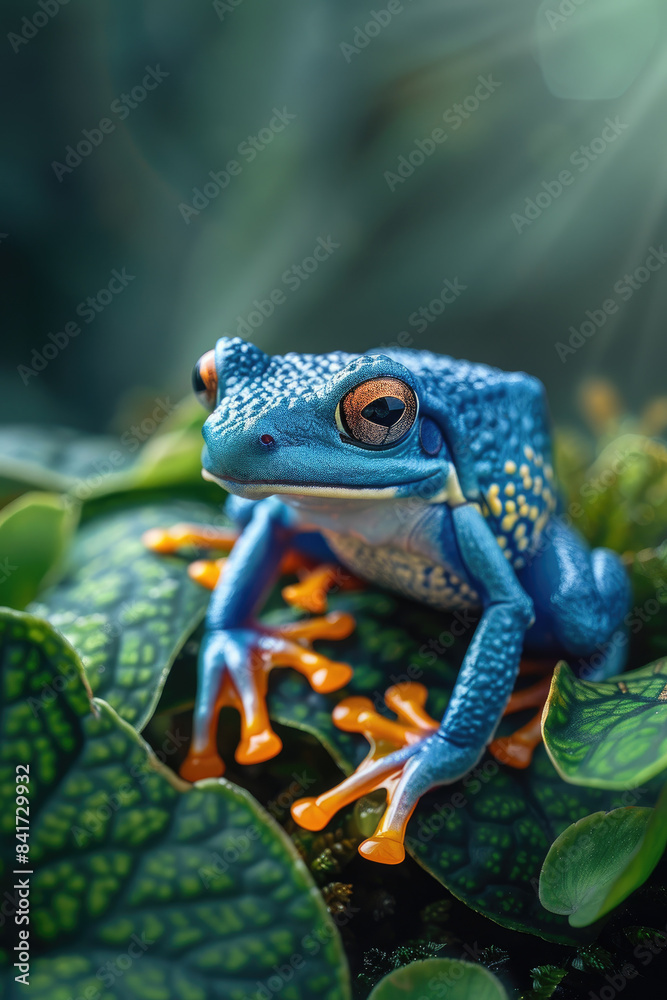 Obraz premium A frog with orange legs and a blue body is sitting on a leaf
