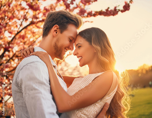 Um casal de namorados, abraçados, carinhosos, com uma árvore florida ao fundo e um lindo pôr-do-sol. photo