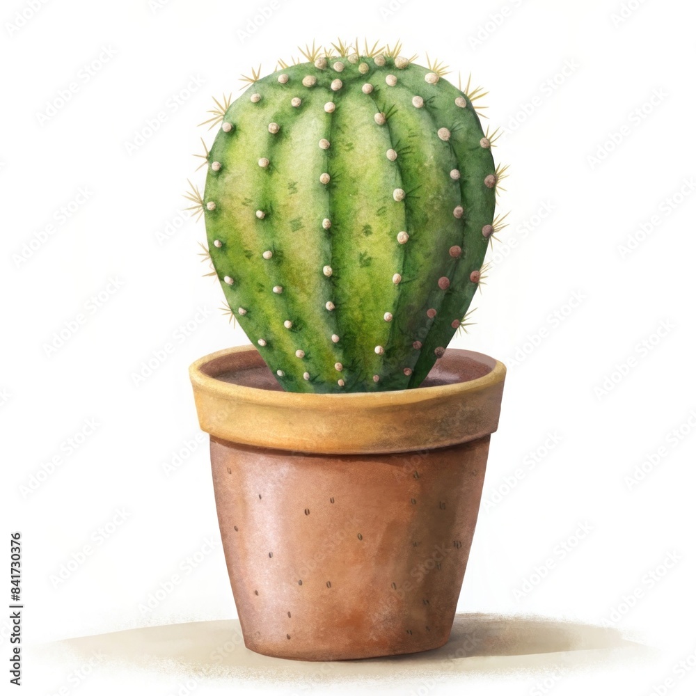 A small potted cactus, on a white background