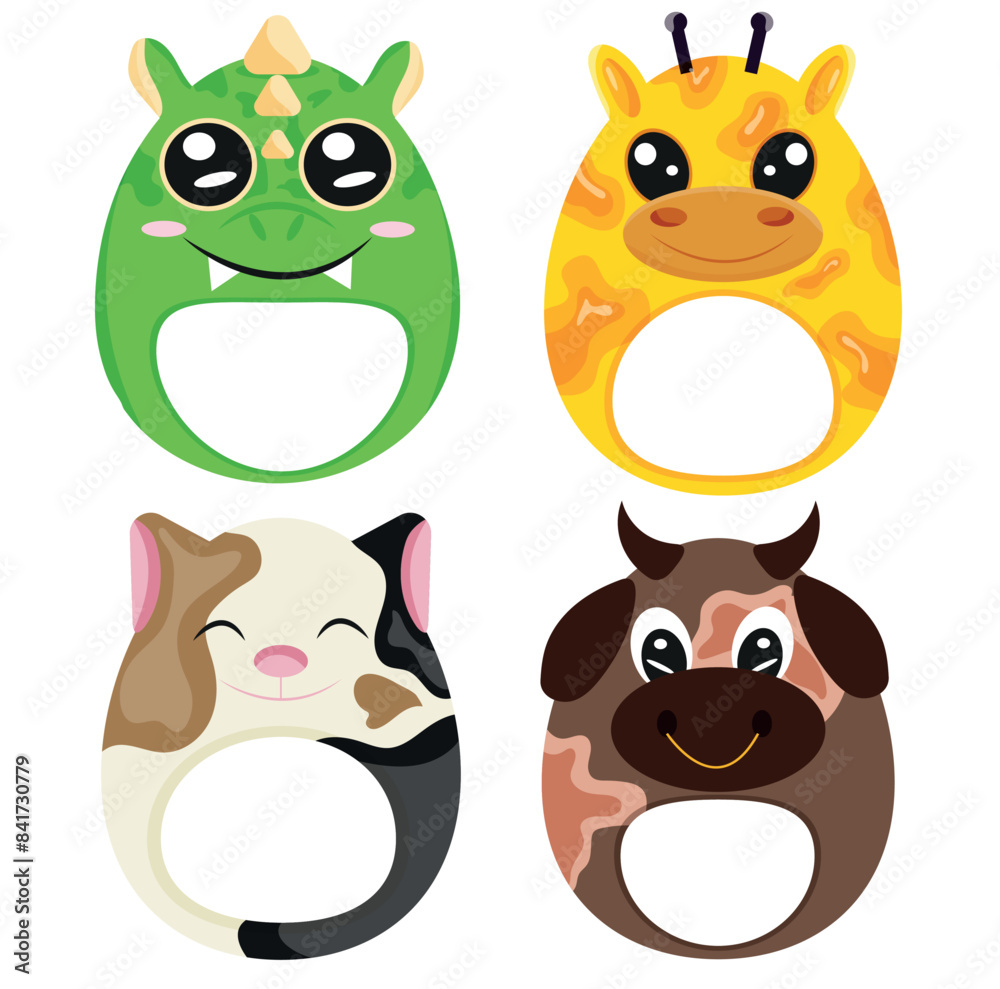 set of baby rattles with animal images, namely a bull, a cat, a dragon and a giraffe, toys for newborns, for designs, packaging or advertising set of baby rattles with animal images, namely a bull, a cat, a dragon and a giraffe, toys for newborns, for designs, packaging or advertising
