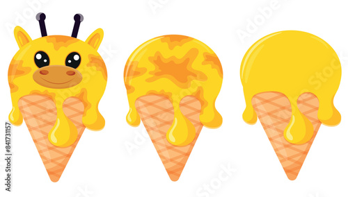 set of cones with orange ice cream and animal print, namely with a giraffe face and a waffle cone, for design, packaging or advertising