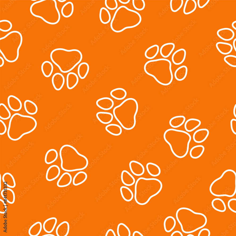 Fototapeta premium Orange seamless pattern with outline paws