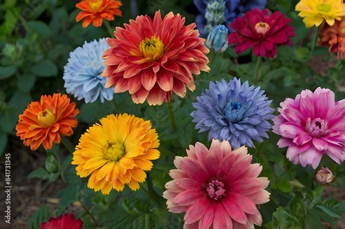 The multicolored flower caps are stacked in one plane. Top view photo