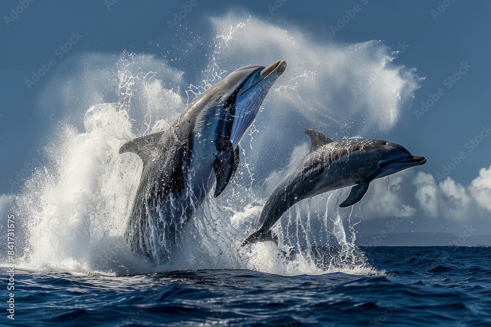 Fototapeta premium Witness the magical moment when a dolphin and a whale breach the surface simultaneously, creating a symphony of splashes.
