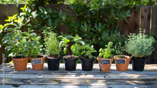 Aromatic herb garden with labeled pots