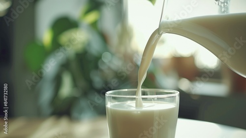 Fresh milk being poured into a clear glass with a blurred green plant background, representing healthy and natural living. photo