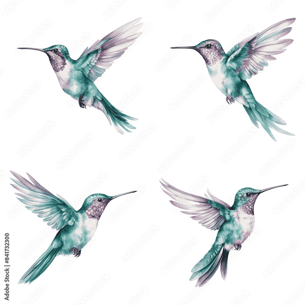 Obraz premium A watercolor painting of four hummingbirds in flight against a white background. The birds are depicted in a realistic style with intricate details