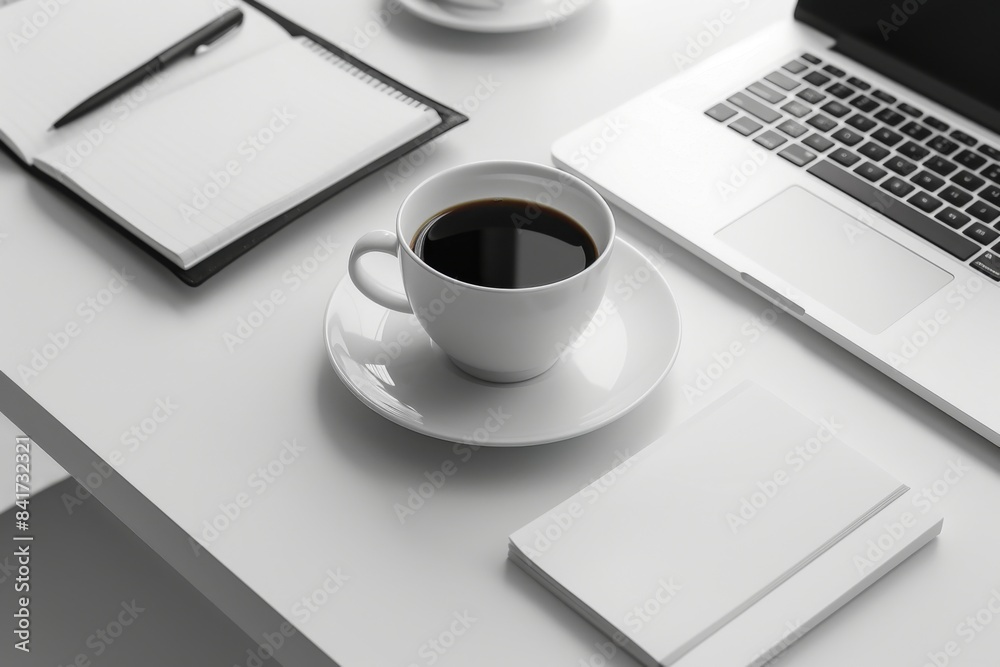 A clean and modern desk setup featuring a laptop, a notepad, and a cup of coffee, perfect for productivity and creativity. A clean and modern desk setup featuring a laptop, a notepad, and a cup of coffee, perfect for productivity and creativity.