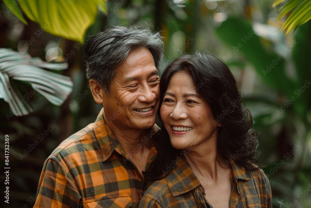 Portrait of a joyful asian couple in their 40s dressed in a relaxed flannel shirt over lush tropical rainforest Portrait of a joyful asian couple in their 40s dressed in a relaxed flannel shirt over lush tropical rainforest