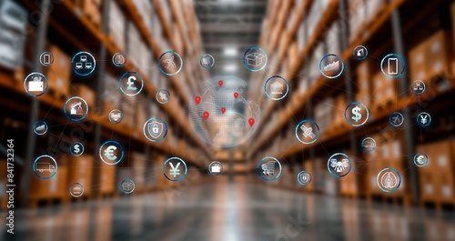 logistics concepts: product warehouse with robotics icons and current technology to optimize your company