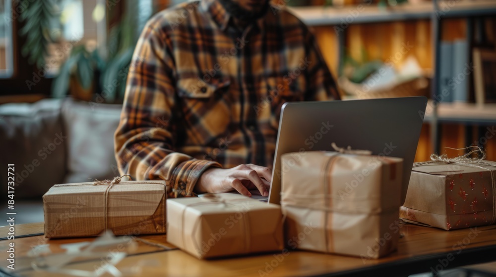 custom made wallpaper toronto digitalRustic Workspace with Person Typing on Laptop Surrounded by Wrapped Gifts
