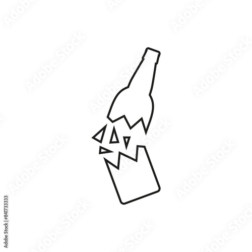Broken beer glass bottle with glass shards and fragments. Isolated vector illustration in line and outline style.