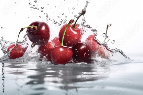 healthy food Fresh cherries splashing into water. Close-up photography with water droplets 