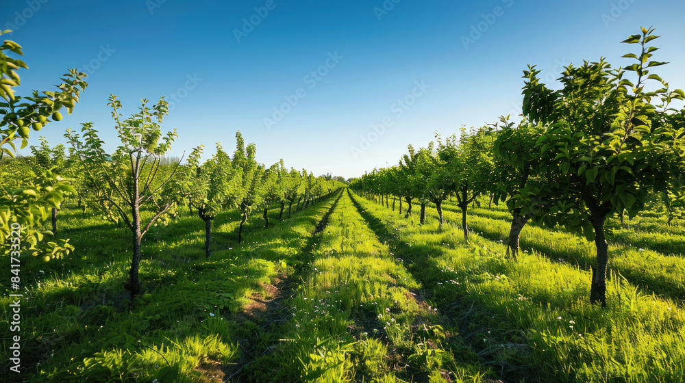 Naklejka premium Blooming orchard with rows of fruit trees under a clear, sunny sky