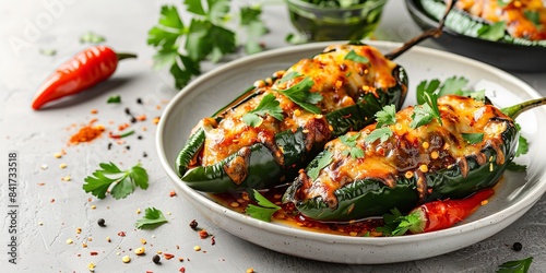 Delectable teem poblano peppers crested with fresh, aromatic herbs and melted cheese over an elongated white platter with a spicy sauce over a white setting and space, Generative AI.